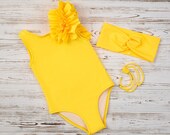 Yellow Open Back Swimsuit for Girls With Matching Head Wrap