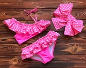 Pink Two Piece Swimsuit for Baby Girl and Kids Handmade Clothing