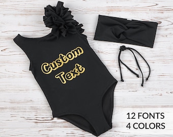 Black Custom Swimsuit for Girl with Ruffles and Head Wrap