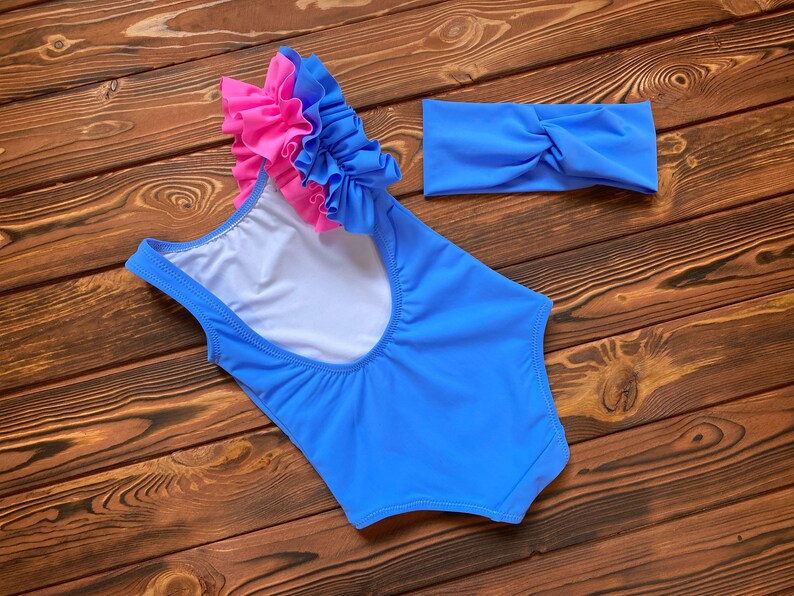 Light Blue Open Back Swimsuit for Girls With Matching Head Wrap