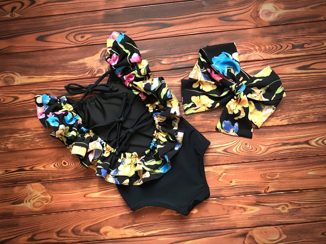 Black Onepiece Swimsuit for Little Girls and Kids With Floral Etsy