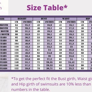 May include: A purple and white size table chart for children's clothing, featuring columns for size, height, bust, waist, and hip measurements in both centimeters and inches. The chart lists sizes from 0-3 months up to 12 years with specific numerical data.