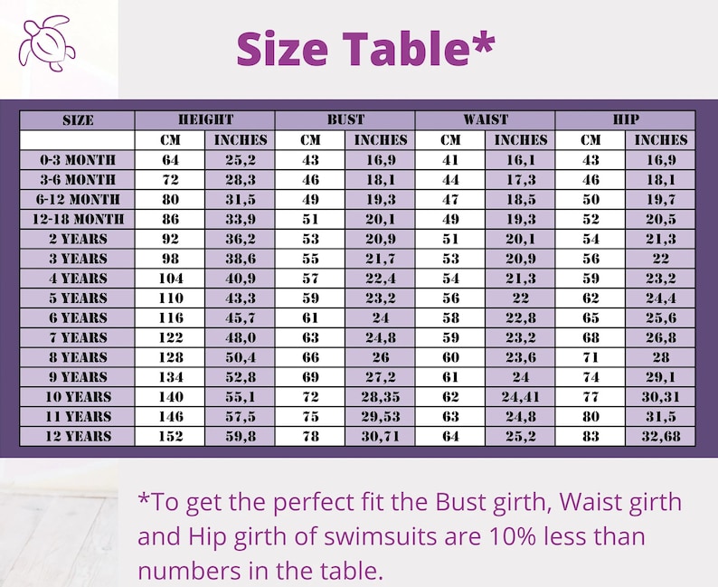May include: A purple and white size table chart for children's clothing, featuring columns for size, height, bust, waist, and hip measurements in both centimeters and inches. The chart lists sizes from 0-3 months up to 12 years with specific numerical data.
