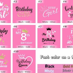 May include: A collection of ten pink square graphics featuring birthday-themed text and icons. Designs include phrases like Birthday Girl, Birthday Princess, Birthday Queen, and age-specific text with crown, heart, and arrow motifs in black, white, gold, and silver metallic colors.