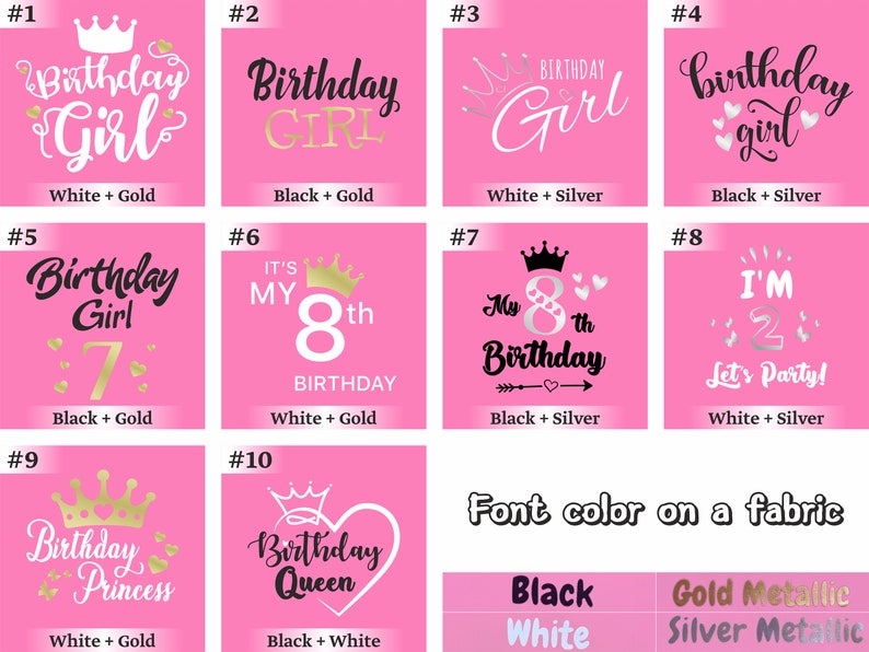 May include: A collection of ten pink square graphics featuring birthday-themed text and icons. Designs include phrases like Birthday Girl, Birthday Princess, Birthday Queen, and age-specific text with crown, heart, and arrow motifs in black, white, gold, and silver metallic colors.