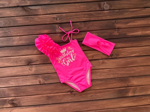 Personalized Pink Girl Swimsuit / First Birthday Swimsuit / Baby Gift Set / Custom Kids Swimwear / Toddler Bathing Suit with Headband