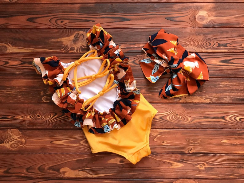 Gold Little Girls Swimsuit with Open Back and Floral Ruffles Etsy