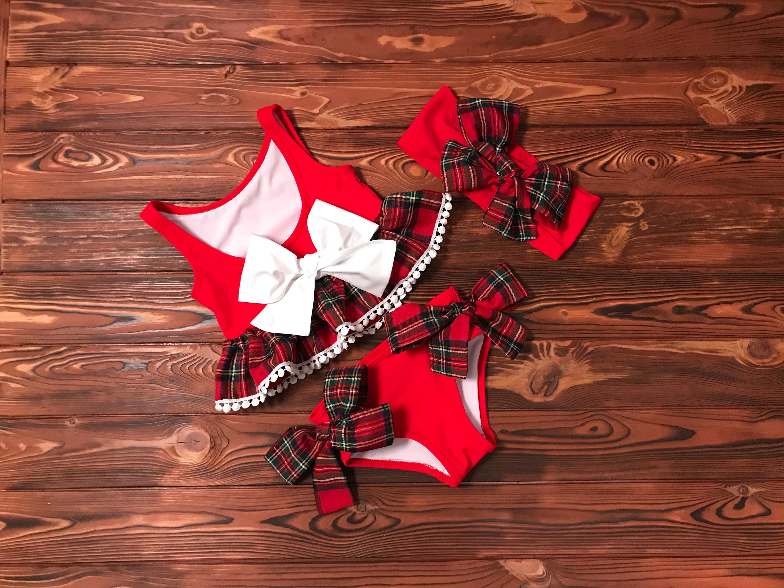 Red Xmas Swimsuit Bikini Set with Cute Bows Etsy