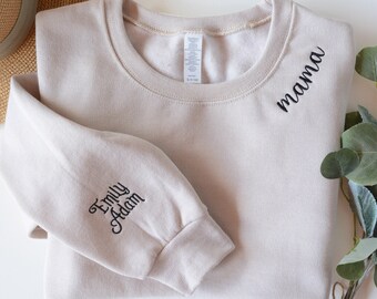 Mama Embroidered Sweatshirt, Personalized embroidered Mama sweatshirt, Gift for Mom, Names on sleeve, Name on neckline, Mother's Day Gift,