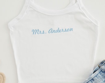 Embroidered Personalized Mrs Crop Tank Top, Bridal Shower Gift, Bachelorette Tank Top, Honeymoon outfit