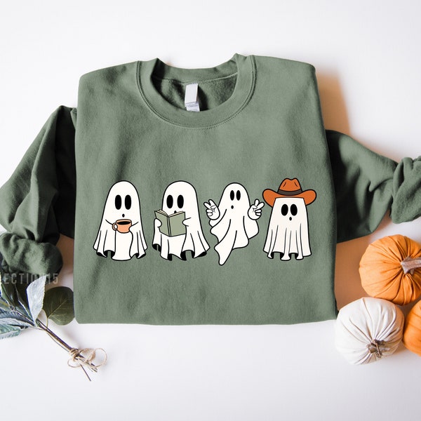 Ghost Sweatshirt, Halloween Sweatshirt, Halloween Teacher Sweatshirt,Cute Ghost Sweatshirt,Cowboy Ghost, Women's Halloween Sweatshirt