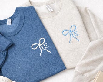 Custom Initial Bow Ribbon Embroidered Crewneck Sweatshirt, Bridal Party Sweatshirt, Bridesmaid Proposal, Bachelorette Sweatshirt,