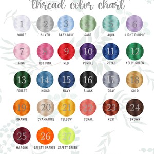 Puede incluir: Una carta de colores de hilo con 27 colores diferentes, cada uno en un c&iacute;rculo numerado. Los colores van desde blanco, plateado y azul beb&eacute; hasta bosque, marino y negro, con tonos como naranja, coral y granate. El texto "thread color chart" est&aacute; en la parte superior.