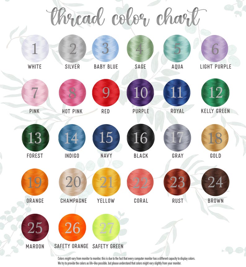 Puede incluir: Una carta de colores de hilo con 27 colores diferentes, cada uno en un c&iacute;rculo numerado. Los colores van desde blanco, plateado y azul beb&eacute; hasta bosque, marino y negro, con tonos como naranja, coral y granate. El texto "thread color chart" est&aacute; en la parte superior.