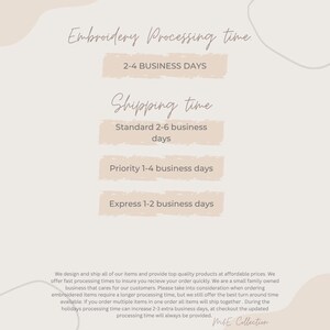 Puede incluir: Gr&aacute;fico beige con el texto "Embroidery Processing time" y "Shipping time". Enumera los tiempos de procesamiento de 2-4 d&iacute;as h&aacute;biles y los tiempos de env&iacute;o de 2-6, 1-4 y 1-2 d&iacute;as h&aacute;biles.