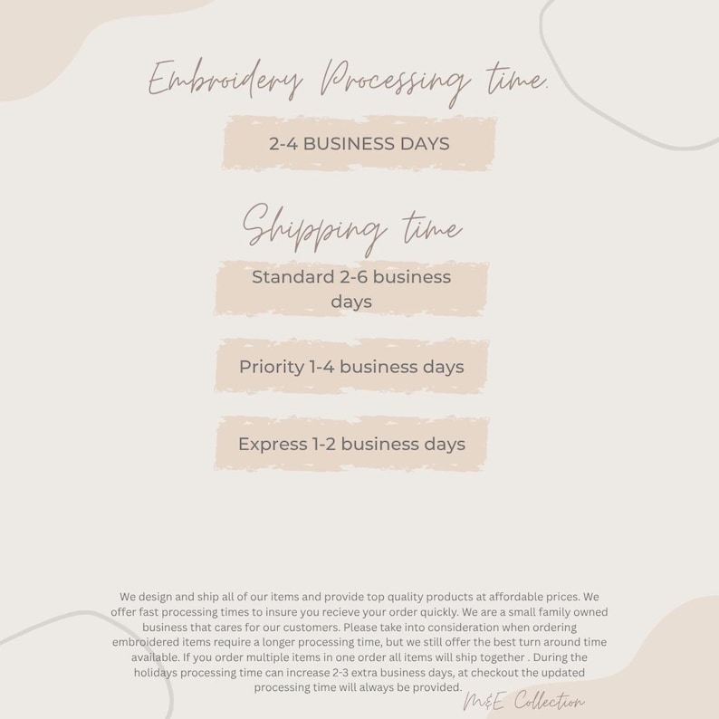Puede incluir: Gr&aacute;fico beige con el texto "Embroidery Processing time" y "Shipping time". Enumera los tiempos de procesamiento de 2-4 d&iacute;as h&aacute;biles y los tiempos de env&iacute;o de 2-6, 1-4 y 1-2 d&iacute;as h&aacute;biles.