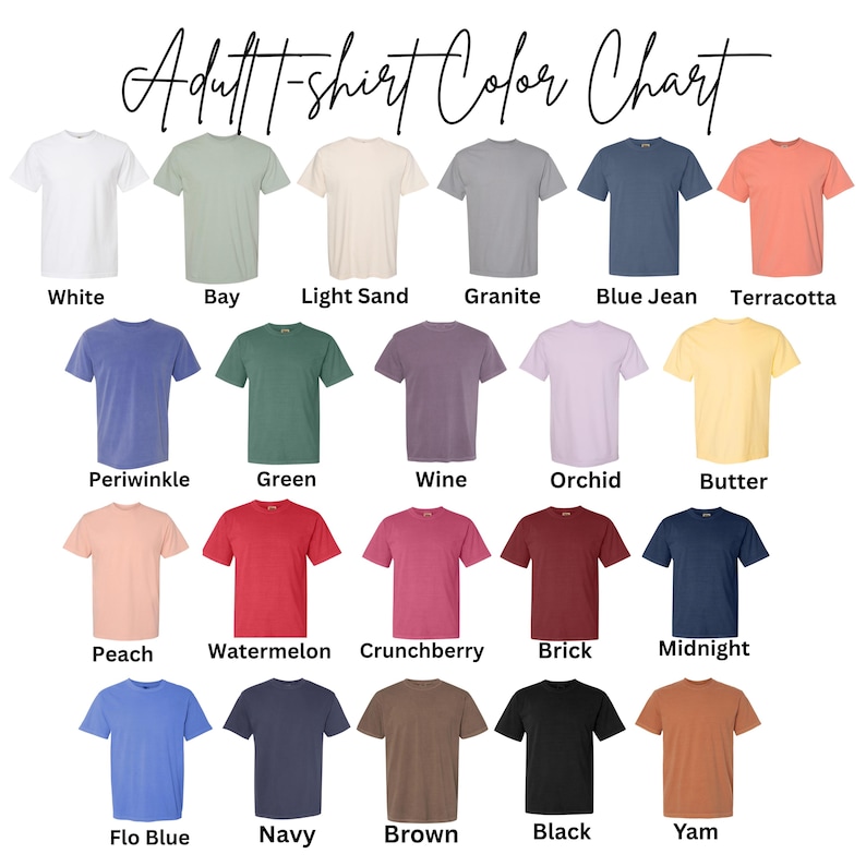 Puede incluir: Una carta de colores para camisetas de adulto, que muestra una variedad de colores que incluyen blanco, bah&iacute;a, arena clara, granito, azul vaquero, terracota, b&iacute;garo, verde, vino, orqu&iacute;dea, mantequilla, melocot&oacute;n, sand&iacute;a, ar&aacute;ndano, ladrillo, medianoche, azul flo, azul marino, marr&oacute;n, negro y &ntilde;ame.
