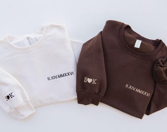 Custom Embroidered Roman Numeral Sweatshirt, Personalized Wedding Gift, Couple initial on sleeve, Anniversary Gift, Custom Wedding Date