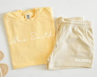 Personalized Mrs Shirt,Engagement Gift, Custom Date on Shorts, Honeymoon Airport Outfit, Future Mrs Shirt, Bride to Be,Getting Ready Outfit