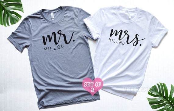 Many Colors Mr and Mrs Just Married Couples Personalized Hoodie Sweatshirt Set Bride and Groom Wedding Honeymoon Shirts