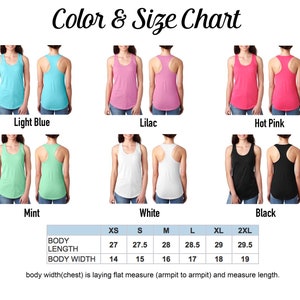 May include: Color and Size Chart featuring tank tops in various colors: light blue, lilac, hot pink, mint, white, and black. The chart includes body length and width measurements in inches for sizes XS to 2XL. The text reads "Color & Size Chart".
