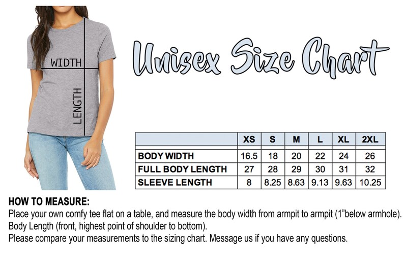 Puede incluir: Tabla de tallas unisex para una camiseta con medidas en pulgadas para el ancho del cuerpo, la longitud total del cuerpo y la longitud de la manga. Las tallas incluyen XS, S, M, L, XL y 2XL.
