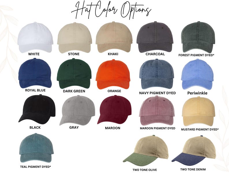 K&ouml;nnte beinhalten: Eine Auswahl an Baseballkappen in verschiedenen Farben, darunter Wei&szlig;, Schwarz und Marineblau. Das Bild zeigt Optionen wie Khaki, Anthrazit und Orange, mit Textbeschriftungen f&uuml;r jede Farbe. Die Kappen sind in Reihen und Spalten angeordnet.