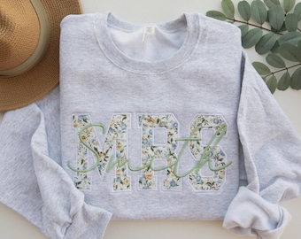 Embroidered MRS Sweatshirt, Floral Applique, Personalized Wedding Gift