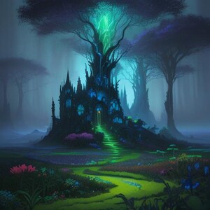 May include: A dark, gothic-style building with a glowing green door, surrounded by lush green foliage and trees. The building has a tall, pointed roof and many windows. The scene is set in a mysterious and magical forest.