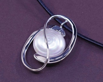 vintage 340210 stamped 925 M 925 silver pearl Pendant with leather chain 15+2 Sterling silver handmade necklace