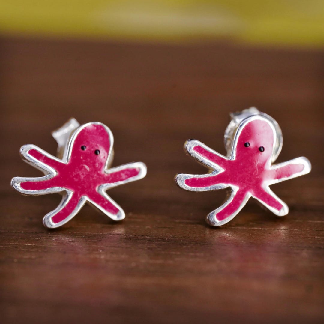 Octopus Inlay Vintage Sterling Silver Octopus Stud Earrings, Pink Enamel Inlay - Etsy