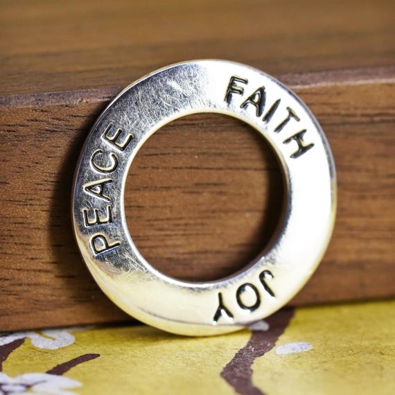 Vintage sterling silver handmade pendant, 925 circle with faith peace joy embossed, stamped 925