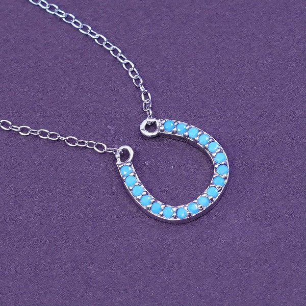 18”, 1mm, vintage Sterling silver necklace, 925 circle chain with horseshoe blue crystal pendant, stamped 925 FAS