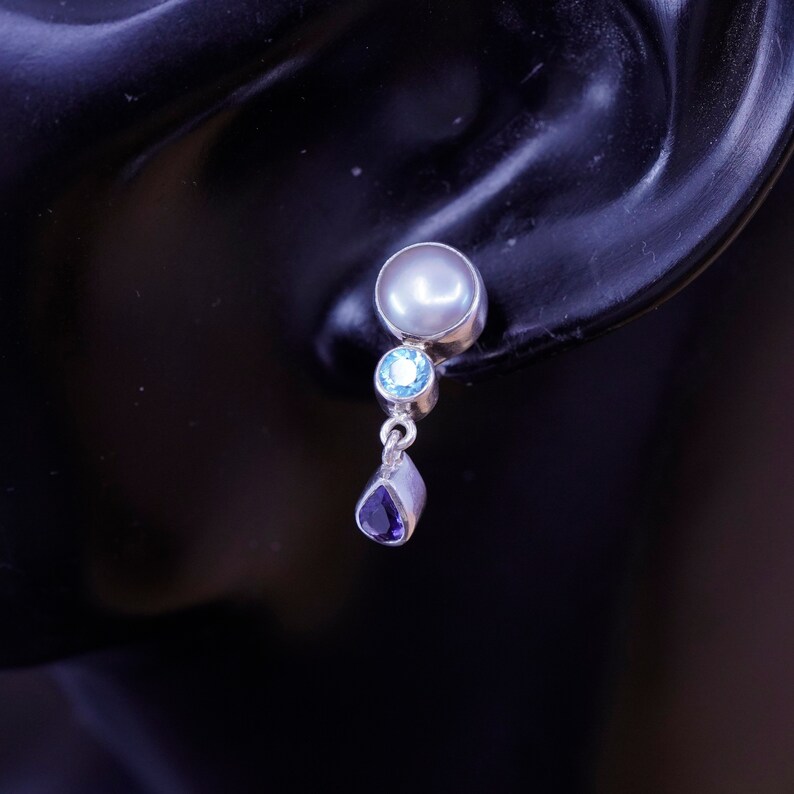 southwestern 925 with pearl topaz and teardrop amethyst dangles Stamped 925 Vintage Sterling silver handmade earrings