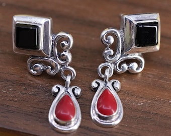 Vintage SX Sterling 925 silver handmade onyx earrings with teardrop coral dangles, stamped 925 SX