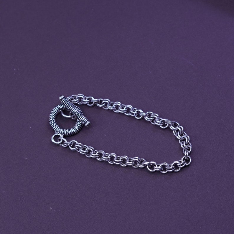 6.5\u201d vintage Sterling silver handmade charm bracelet silver tested 5mm 925 double circle link chain with toggle closure