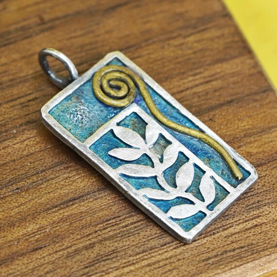 Vintage two tone Sterling silver handmade leafy pendant, two tone 925 spiral circle, stamped silver