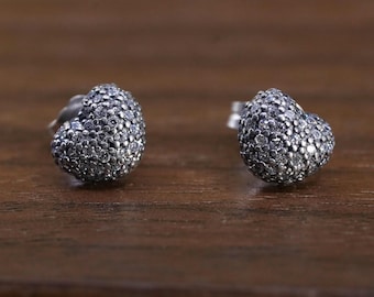 Vintage Pandora ALE Sterling silver handmade earrings, 925 heart studs with cluster cz, stamped 925 ALE
