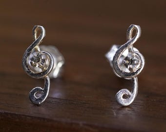 Vintage Sterling silver handmade earrings, 925 music note studs with cz, silver tested