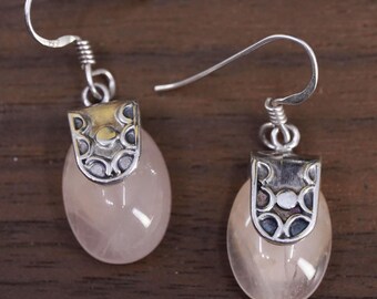 Vintage Sterling 925 silver handmade earrings with pink rose quartz, stamped 925