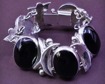 6.5”, vintage Sterling silver handmade bracelet, Mexico 925 link with oval onyx, stamped Mexico 925 TM-86