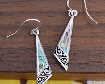 Vintage Sterling 925 silver handmade filigree earrings with abalone inlay, stamped 925