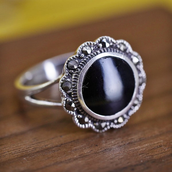 Size 9.25, Vintage Sterling 925 silver handmade ring with black onyx and marcasite, stamped 925