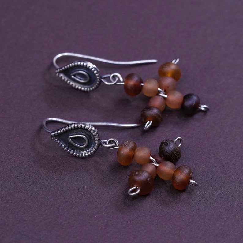 Sterling silver handmade earrings 300717 solid 925 silver teardrop with beads cross stamped 925 Vintage