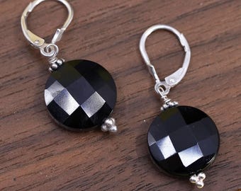Vintage Sterling 925 silver handmade earrings with circle onyx, stamped 925