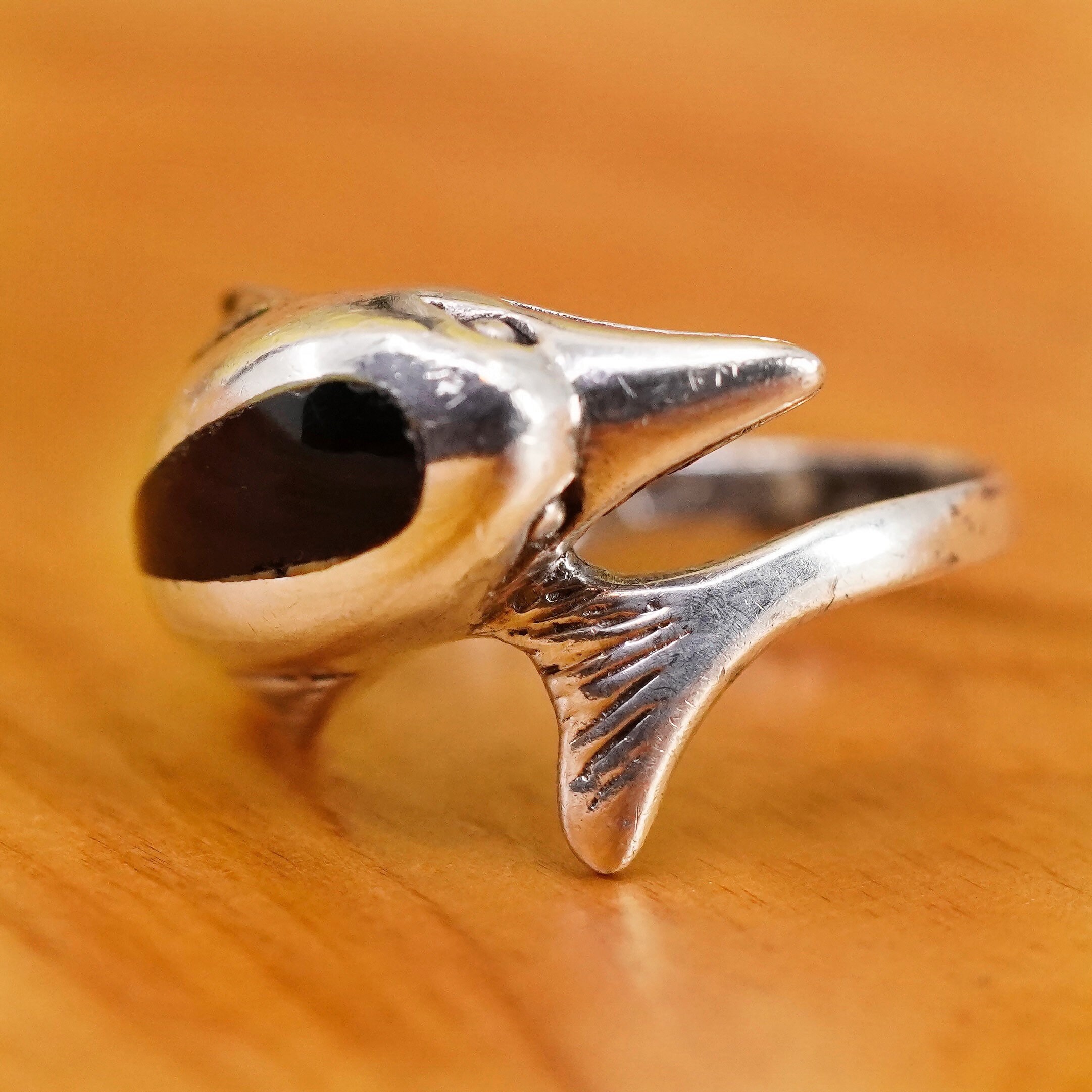 Size 8 Vintage Sterling 926 Silver Handmade Dolphin Ring Band With Obsidian Stamped 925 Etsy