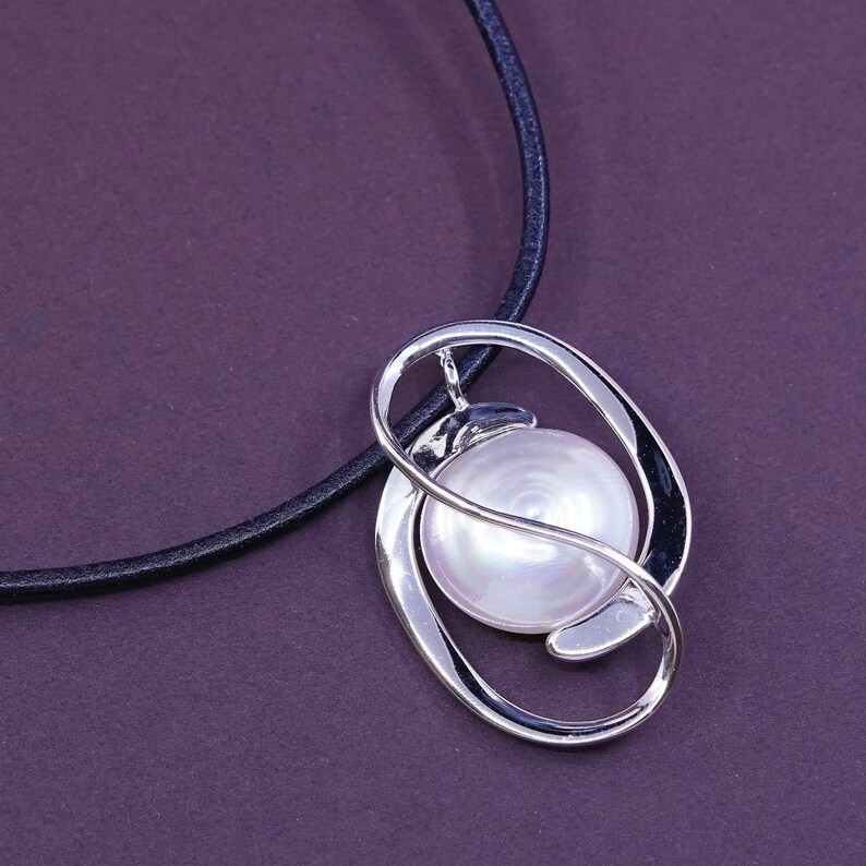 vintage 340210 stamped 925 M 925 silver pearl Pendant with leather chain 15+2 Sterling silver handmade necklace