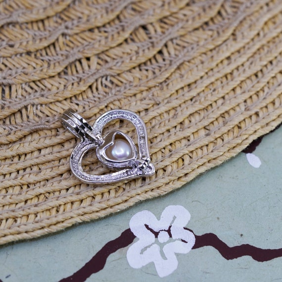 Vintage 925 handmade heart pearl cage pendant wit… - image 3