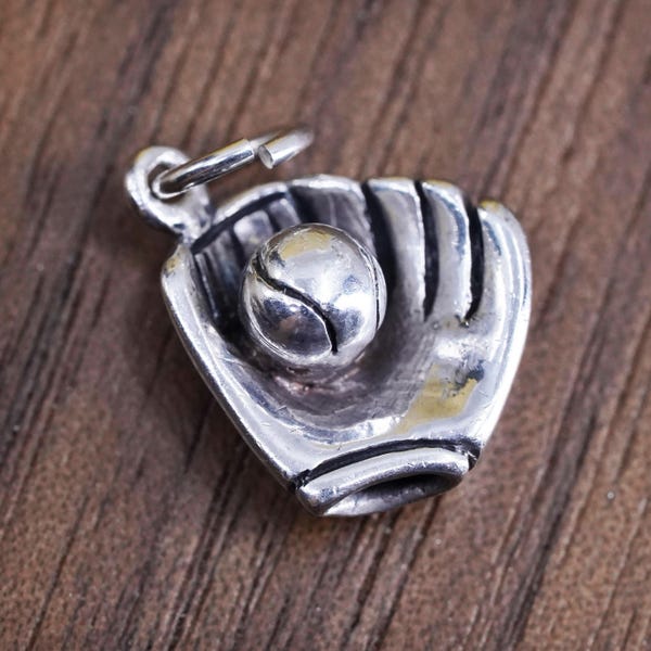 Vintage Sterling silver handmade ball charm, 925 baseball glove pendant, stamped 925