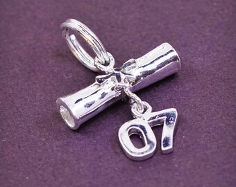 Vintage (321183) Sterling silver handmade pendant, solid 925 silver diploma 07, graduation charm, stamped 925